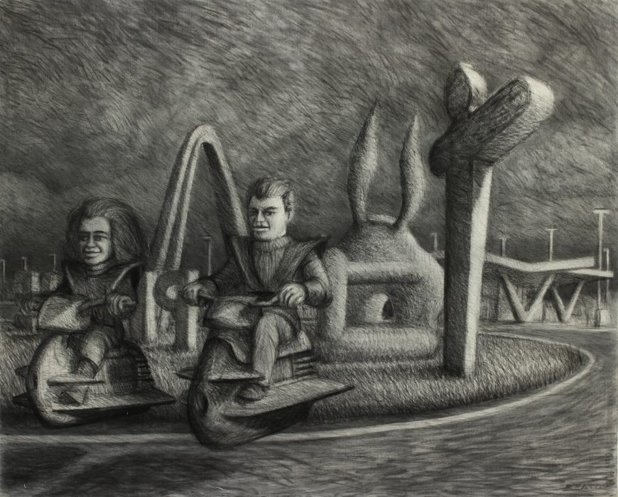 Acá no es - 183x148 - Carbonilla sobre tela y tabla - 2009