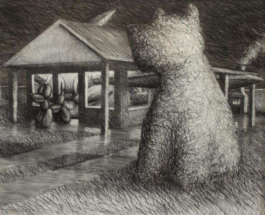 Jeff, si llueve lo hacemos adentro - 172x142 - Grafito sobre MDF - 2011